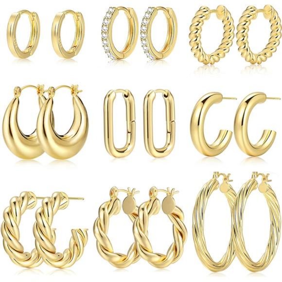 9 Pairs Gold Hoop Earr, 14K Gold Plated Lightweight Chunky Twisted Hoop - Picture 1 of 7